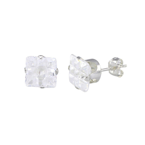 Invisible Cut Square Clear CZ Stud Earrings Sterling Silver Cubic Zirconia - Jewelryland.com