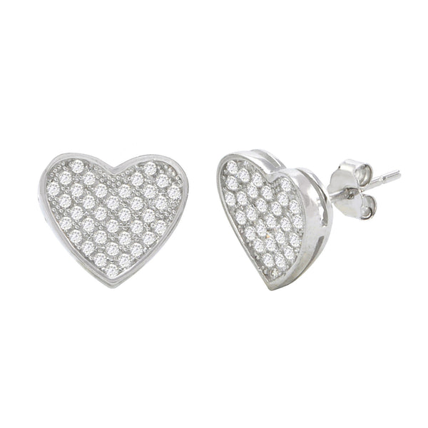 Sterling Silver Micropave Heart Stud Earrings Clear Cubic Zirconia 11mm x 11mm - Jewelryland.com
