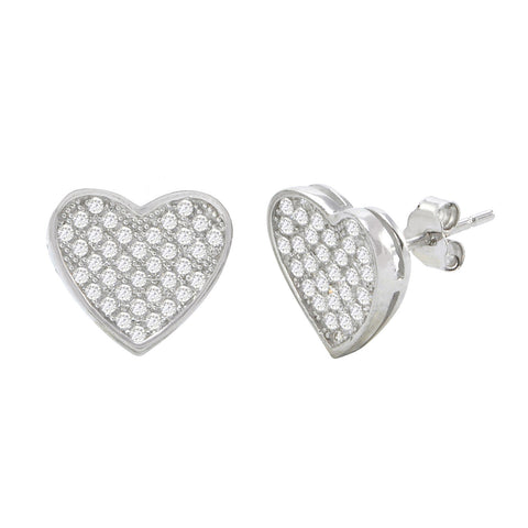 Sterling Silver Micropave Heart Stud Earrings Clear Cubic Zirconia 11mm x 11mm - Jewelryland.com