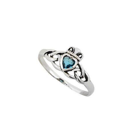 Sterling Silver Claddagh Ring Blue Topaz CZ Stone Irish Celtic Wedding Band - Jewelryland.com