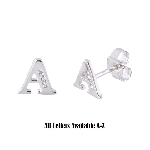 CZ Initial Letter Earrings 925 Sterling Silver All Letters Available A to Z - Jewelryland.com