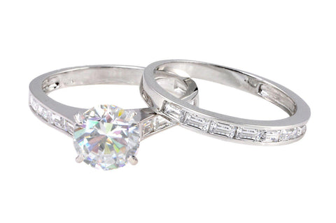 Sterling Silver CZ Ring and Band Set 2ct Round Stone - Jewelryland.com