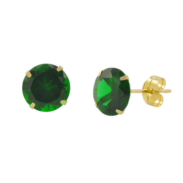14k Yellow Gold Emerald Cubic Zirconia Stud Earrings Round Birthstone CZ - Jewelryland.com