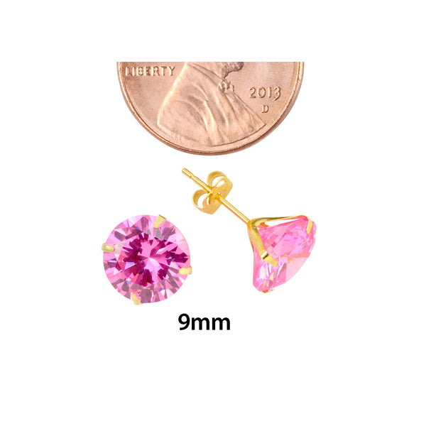 10k Yellow Gold Stud Earrings Pink CZ Cubic Zirconia Round Prong Set - Jewelryland.com