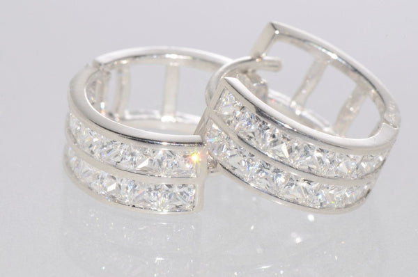 925 Sterling Silver Huggie Hoops Hinged Earrings Snap Closure 14mm 2 Row CZ - Jewelryland.com