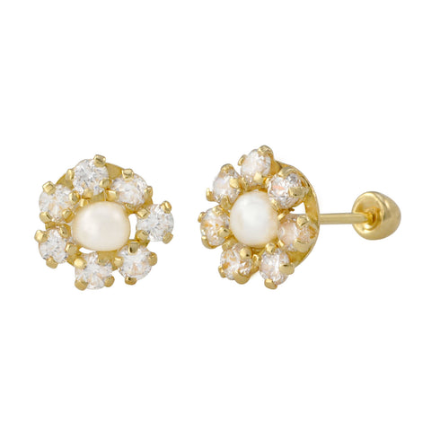 Pearl Flower Stud Earrings Cubic Zirconia 10k Yellow Gold with Screwbacks 8mm - Jewelryland.com