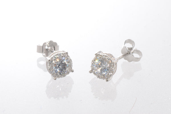 Halo Cubic Zirconia Stud Earrings Sterling Silver 6mm Fancy Micropave Outline - Jewelryland.com