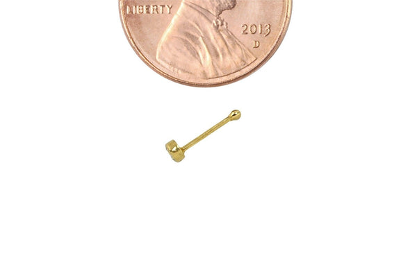 14k Yellow Gold Tiny Nose Stud 22G 3 mm White Round CZ Bezel Set Nose Bone - Jewelryland.com