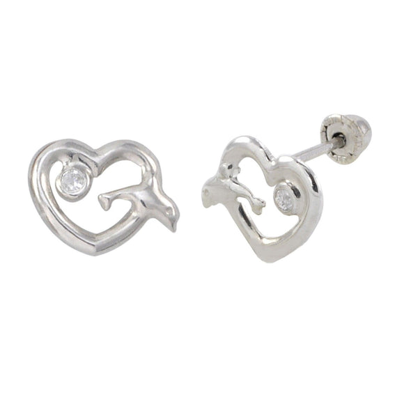 10k White Gold Heart with Dolphin Stud Earrings Screwbacks - Jewelryland.com