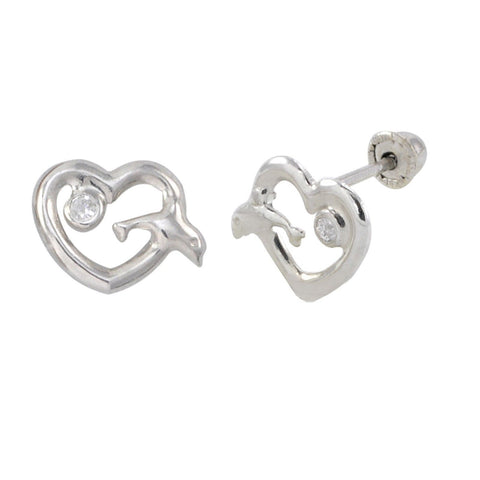 10k White Gold Heart with Dolphin Stud Earrings Screwbacks - Jewelryland.com