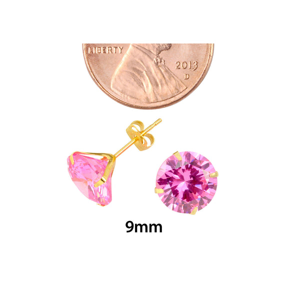14k Yellow Gold Pink CZ Earrings Round Cubic Zirconia October Birthstone Studs - Jewelryland.com