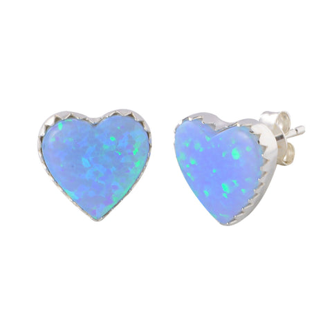 Sterling Silver Opal Gemstone Earrings Iridescent Periwinkle Green 11mm Heart - Jewelryland.com