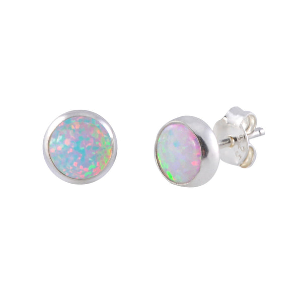 Sterling Silver Opal Stud Earrings Iridescent Pearl Gemstone 7mm Round - Jewelryland.com