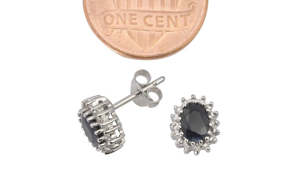 925 Silver Dark Sapphire & Diamond Stud Earrings Oval 2.1 TCW - Jewelryland.com