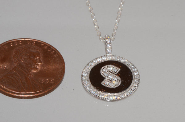 Sterling Silver Letter S Initial Necklace Micropave CZ Cubic Zirconia - Jewelryland.com