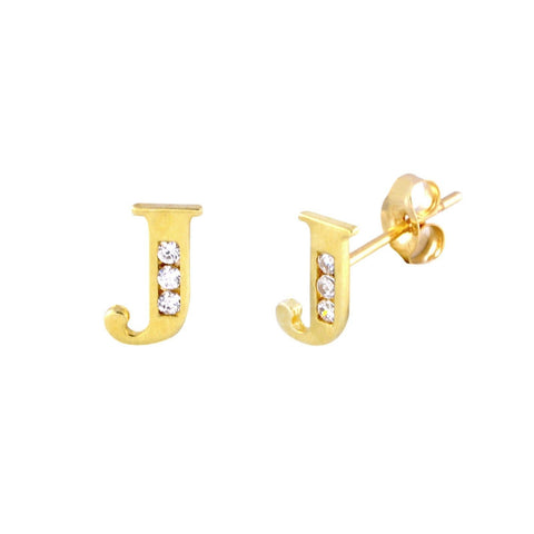 10k Yellow Gold Initial Stud Earrings Letter J Cubic Zirconia 7mm - Jewelryland.com
