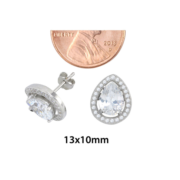 Sterling Silver Halo Cubic Zirconia Teardrop Stud Earrings Micropave 13mm x 10mm - Jewelryland.com