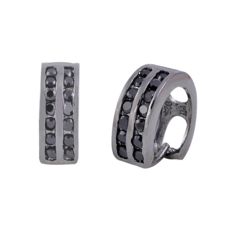 Black CZ Huggie Earrings Hinged Hoops .925 Silver Cubic Zirconia 2row 12mm x 4mm - Jewelryland.com