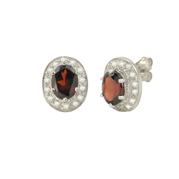 Garnet Gemstone Stud Earrings 925 Sterling Silver Oval Micropave CZ Accent - Jewelryland.com