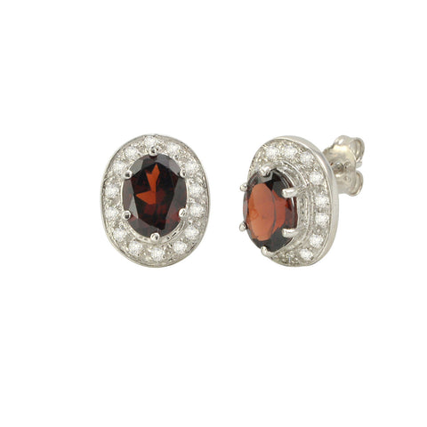 Garnet Gemstone Stud Earrings 925 Sterling Silver Oval Micropave CZ Accent - Jewelryland.com