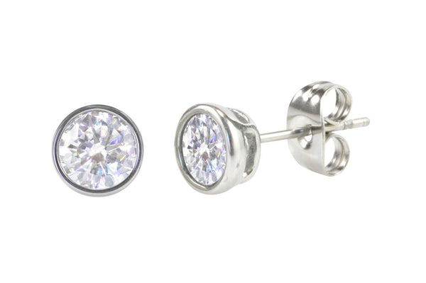 Round Clear CZ Bezel Set Stainless Steel Mens Women Stud Earrings Cubic Zirconia - Jewelryland.com