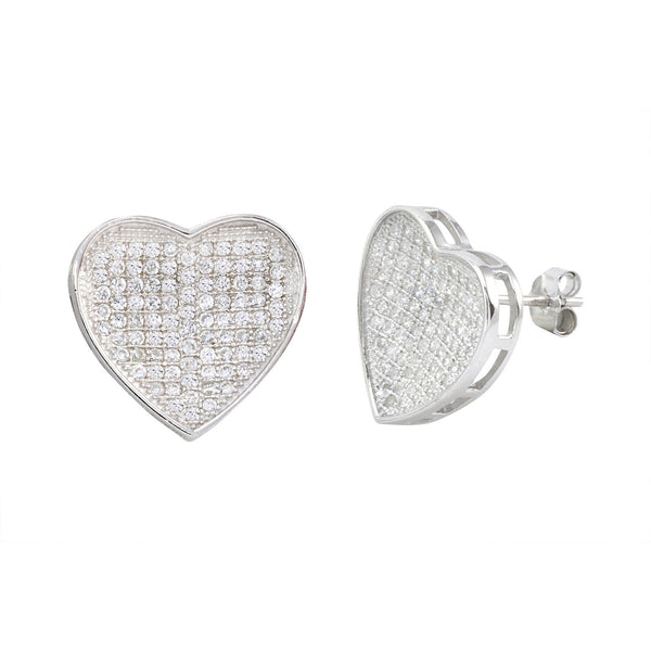 Sterling Silver Large Heart Earrings Micropave Studs Clear Cubic Zirconia 15mm - Jewelryland.com