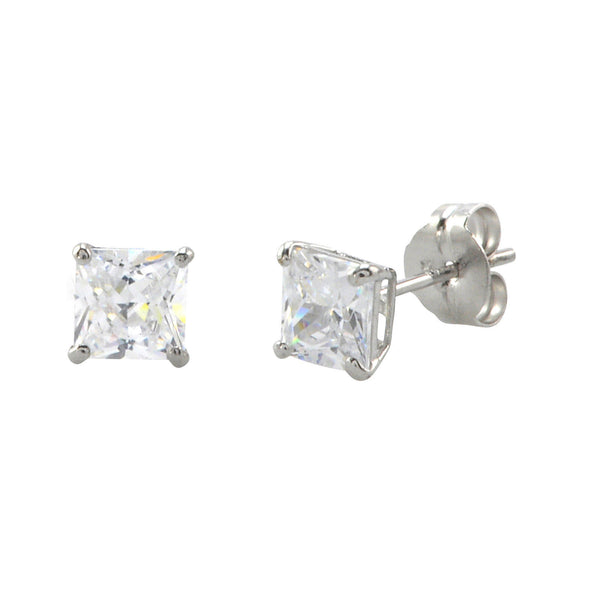 10k White Gold Square Stud Earrings Clear CZ Cubic Zirconia Princess Cut Basket - Jewelryland.com