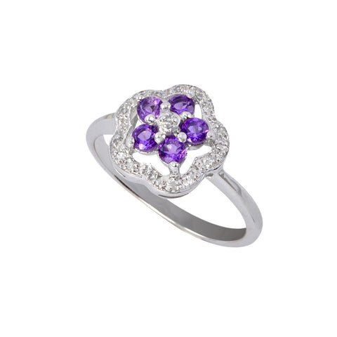 Sterling Silver .05ct Genuine Diamond Ring Flower with Amethyst - Jewelryland.com