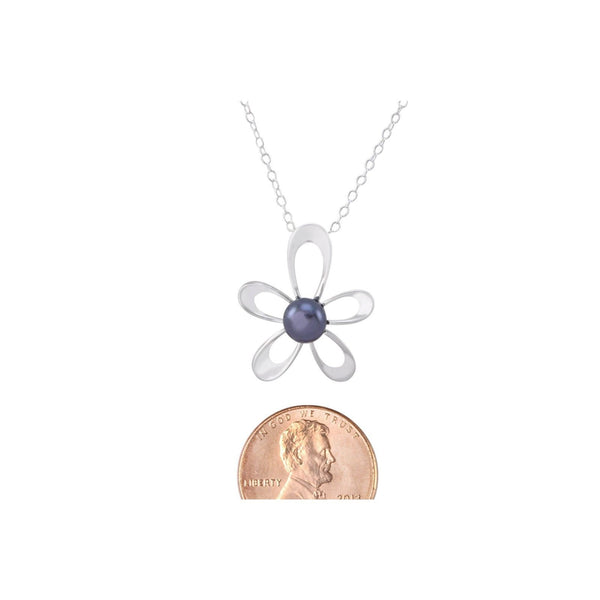 Black Pearl Flower Necklace .925 Sterling Silver, 18" Chain - Jewelryland.com
