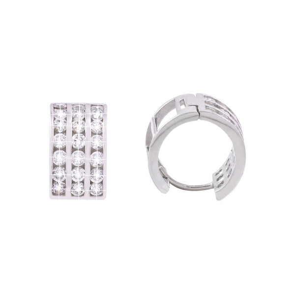 Clear CZ Huggie Earrings Hinged Hoops 925 Silver 3 Row Cubic Zirconia 13mm x 8mm - Jewelryland.com