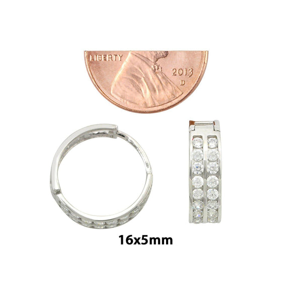 Sterling Silver Huggie Hoop Earrings 2 Row Cubic Zirconia 16mm x 5mm - Jewelryland.com