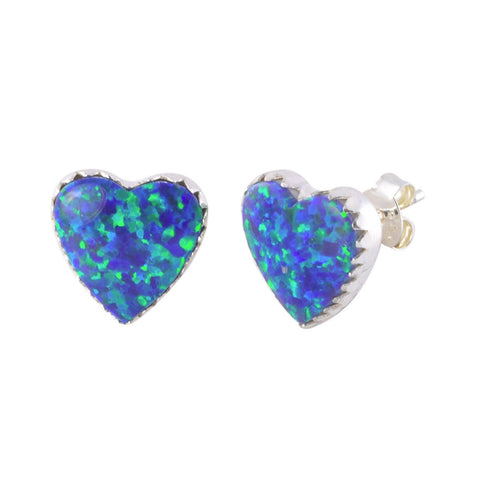 Heart Opal Stud Earrings Iridescent Navy Blue Green 11mm - Jewelryland.com