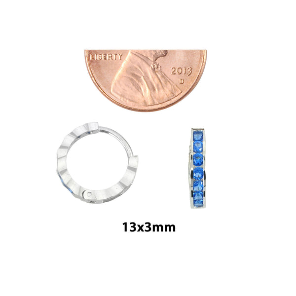 Sterling Silver Hoop Earrings 1 Row Blue Cubic Zirconia Fancy Setting 13mm x 3mm - Jewelryland.com