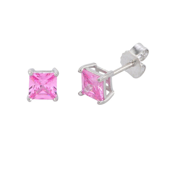 Square Pink CZ October Birthstone Stud Earrings .925 Sterling Silver Basket Set - Jewelryland.com
