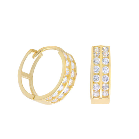 10k Yellow Gold Small Huggie Hoop Earrings Two Row CZ Cubic Zirconia 12mm x 4mm - Jewelryland.com