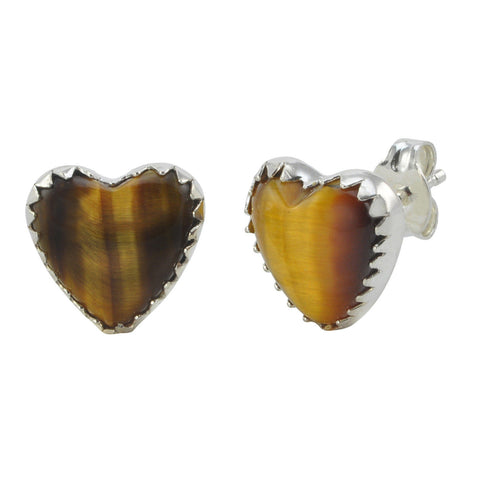 Sterling Silver Gemstone Earrings Tiger's Eye Heart-Shaped Studs 11mm - Jewelryland.com