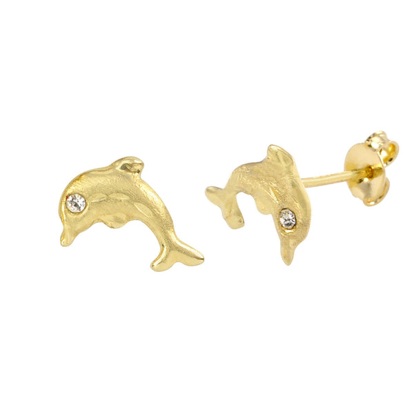 Dolphin with CZ Eyes Stud Earrings 10k Yellow Gold with Pushbacks 9x7 - Jewelryland.com