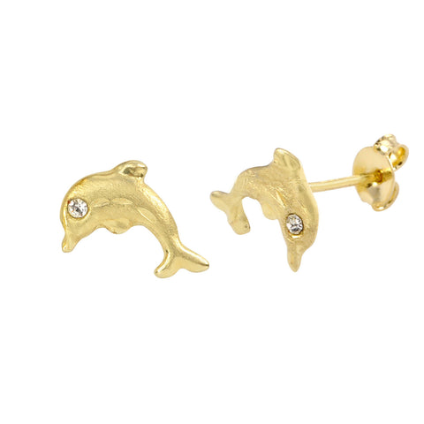 Dolphin with CZ Eyes Stud Earrings 10k Yellow Gold with Pushbacks 9x7 - Jewelryland.com