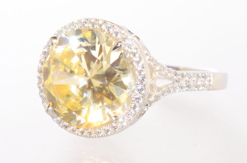 Sterling Silver Cushion Cut Canary Cubic Zirconia Ring 13mm Yellow