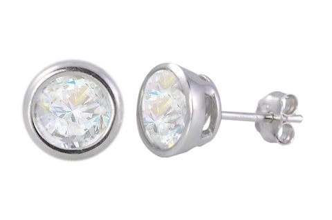 Round Clear Cubic Zirconia Earrings CZ Studs .925 Sterling Silver BEZEL Set - Jewelryland.com
