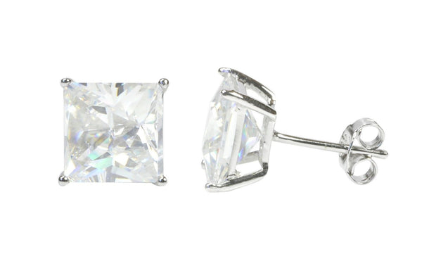 Sterling Silver Square Cubic Zirconia Stud Earrings AAA Clear CZ Basket Setting - Jewelryland.com