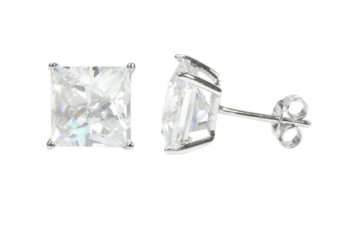 Sterling Silver Square Cubic Zirconia Stud Earrings AAA Clear CZ Basket Setting - Jewelryland.com