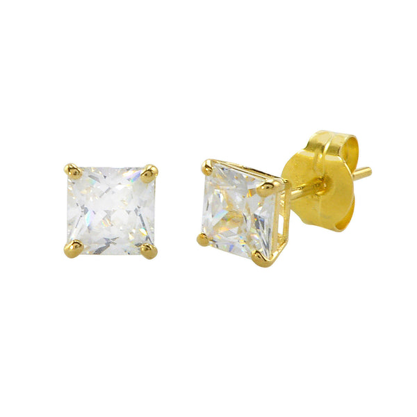 10k Yellow Gold Square Stud Earrings Clear CZ Cubic Zirconia Princess Cut Basket - Jewelryland.com