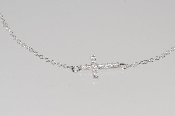 Sideway Cross Necklace 925 Sterling Silver Cubic Zirconia, 16.5" - Jewelryland.com
