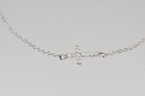 Sideway Cross Necklace 925 Sterling Silver Cubic Zirconia, 16.5" - Jewelryland.com
