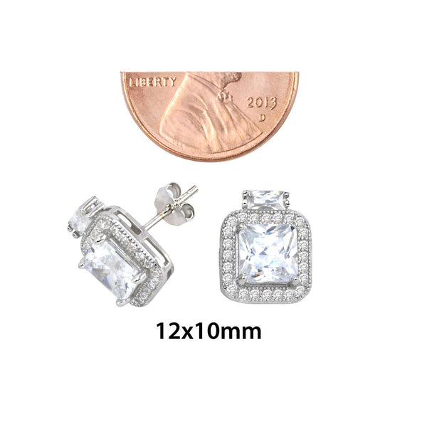 Sterling Silver Square Halo Cubic Zirconia Stud Earrings Micropave 12mm x 10mm - Jewelryland.com