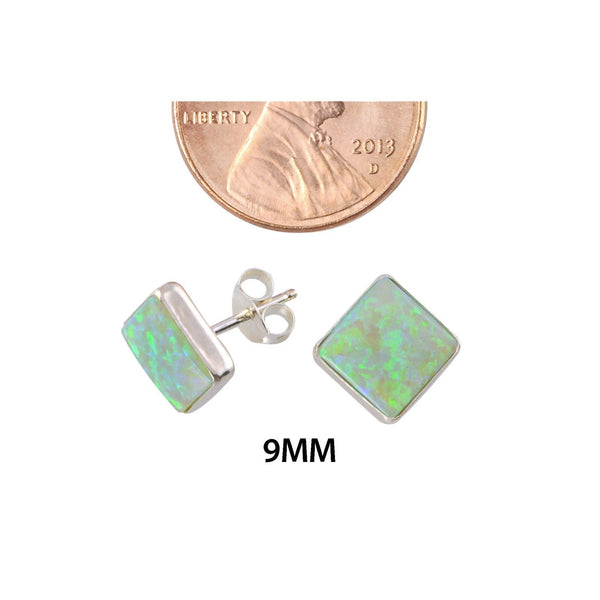 Opal Gemstone Stud Earrings Iridescent Green Sterling Silver 9mm Square - Jewelryland.com