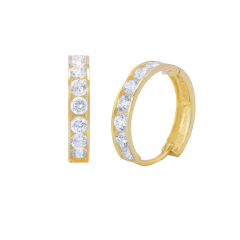 14K Yellow Gold Huggie Earrings Snap Closure Hoops Cubic Zirconia 14mm x 3mm - Jewelryland.com