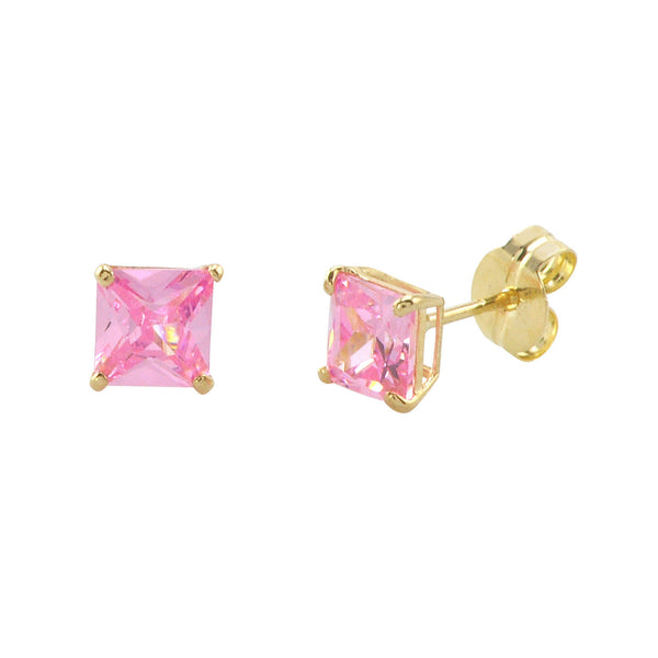 10k Yellow Gold Square Pink CZ Stud Earrings Cubic Zirconia Basket Set - Jewelryland.com