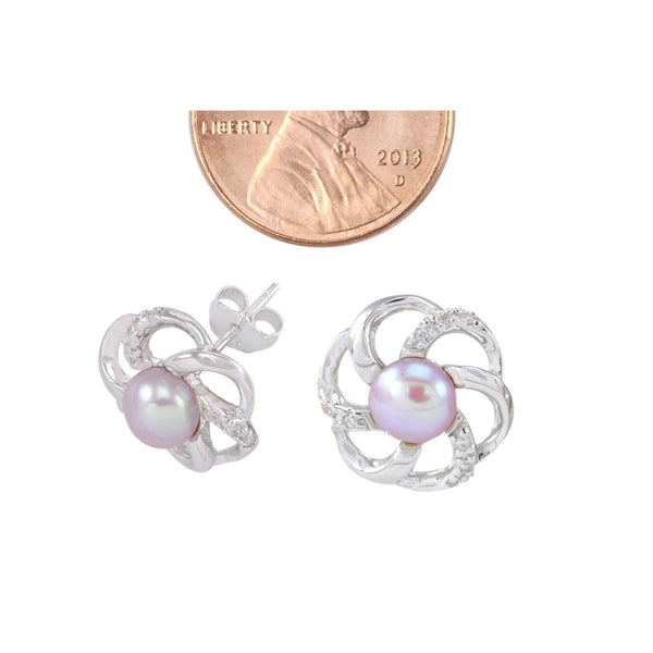 Pink Pearl Flower Earrings 6 Petal with White CZ .925 Sterling Silver - 13mm - Jewelryland.com